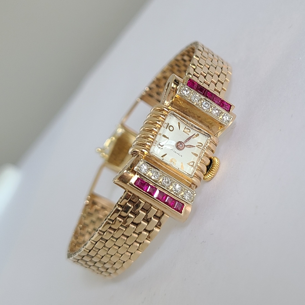 Antique 14K Yellow Gold Custom 17 Jewel Luxury Diamond Ruby Wind Up Manual Watch - Picture 4 of 16